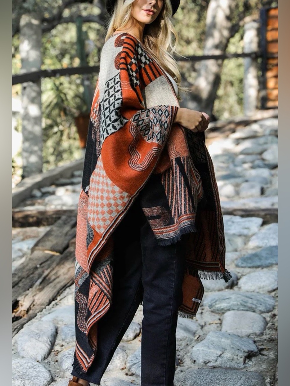 Boho Patchwork Ruana Poncho Wrap Fringe Western Chic Shawl Cardigan Rust Black
